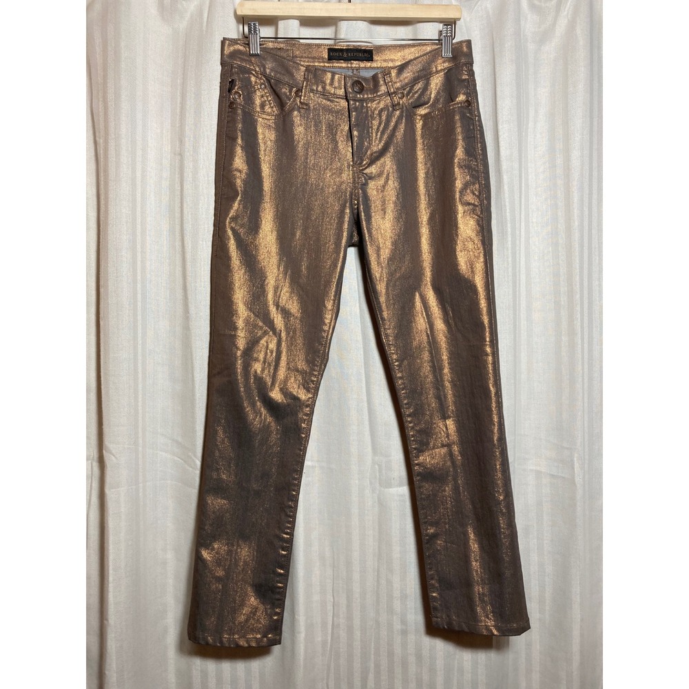 Rock & Republic Berlin Metallic Bronze Gold Jeans Slim Fit Pants Womens Size 10M